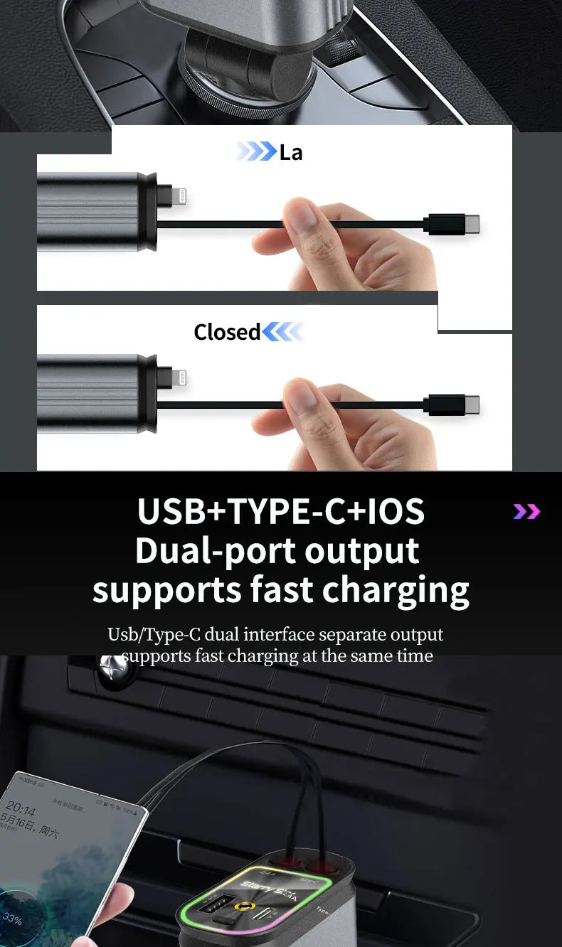 ४ इन १ कार चार्जर रिट्र्याक्टेबल केबल एटमोस्फियर ल्याम्प स्टार टप लाइट १२० वाट एडाप्टर कार फोन चार्जर USB टाइप-सी पोर्ट १२-२४V