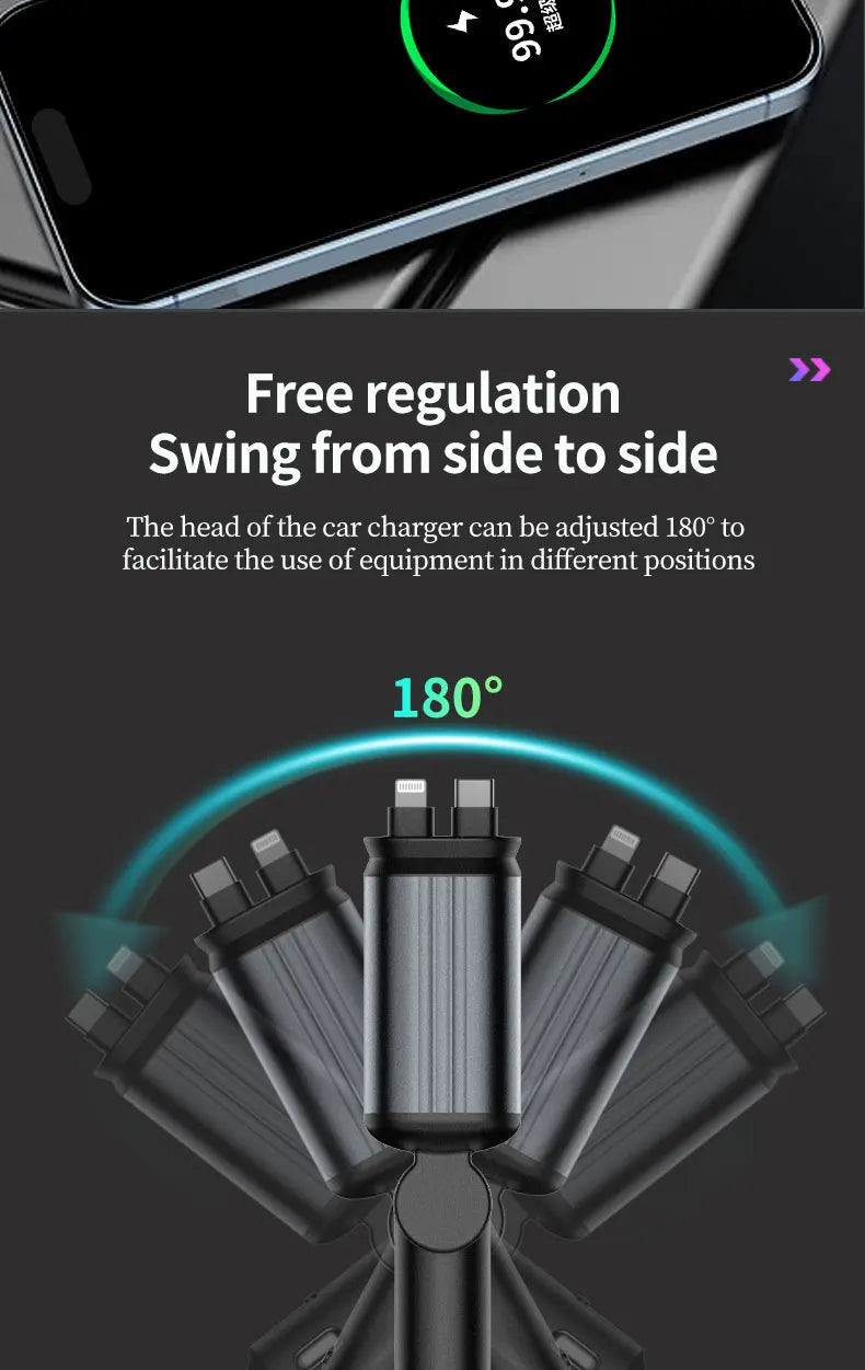 ४ इन १ कार चार्जर रिट्र्याक्टेबल केबल एटमोस्फियर ल्याम्प स्टार टप लाइट १२० वाट एडाप्टर कार फोन चार्जर USB टाइप-सी पोर्ट १२-२४V