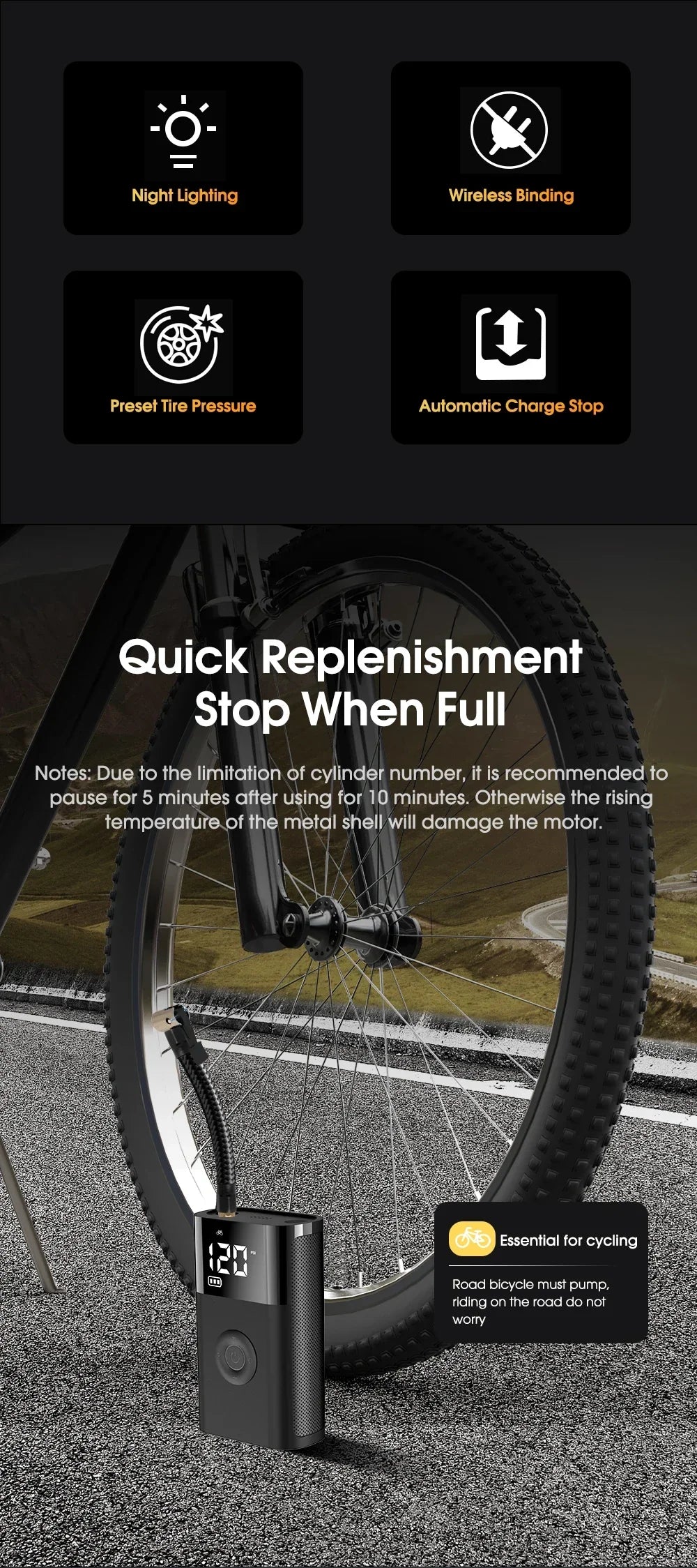 कार मोटरसाइकल साइकल टायर बल वायरलेस इलेक्ट्रिक कार एयर टायर पम्पको लागि एलईडी बत्ती सहितको CARSUN पोर्टेबल इन्फ्लेटर कम्प्रेसर पम्प