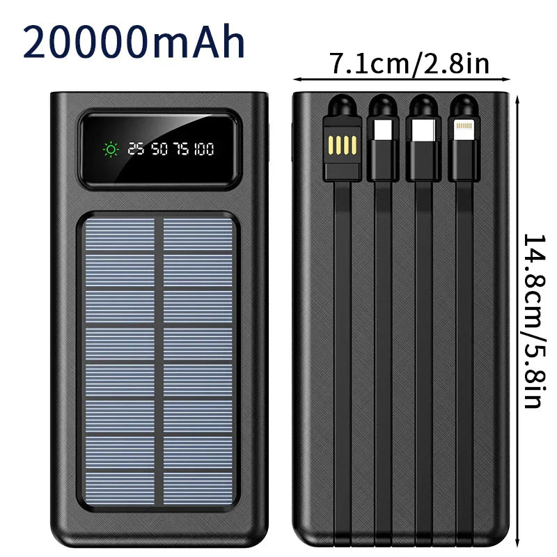२००००/३०००mAh सोलार पावर बैंक एलईडी लाइट ठूलो क्षमताको फास्ट चार्जिङ ब्याट्री ४-केबलहरू भएको बाहिरी पावर बैंक