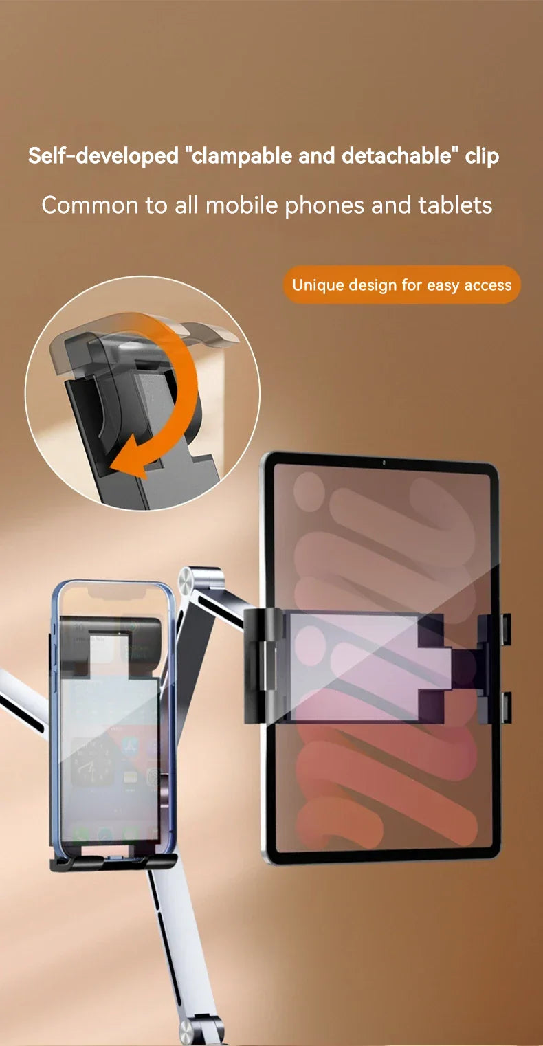 ट्याब्लेट होल्डर स्ट्यान्ड फोन क्लिप होल्डर एल्युमिनियम मिश्र धातु घुमाउन मिल्ने क्यान्टिलिभर होम लाइभ डेस्कटप होल्डर आईप्याड प्रो फोल्डिङ ब्र्याकेटको लागि
