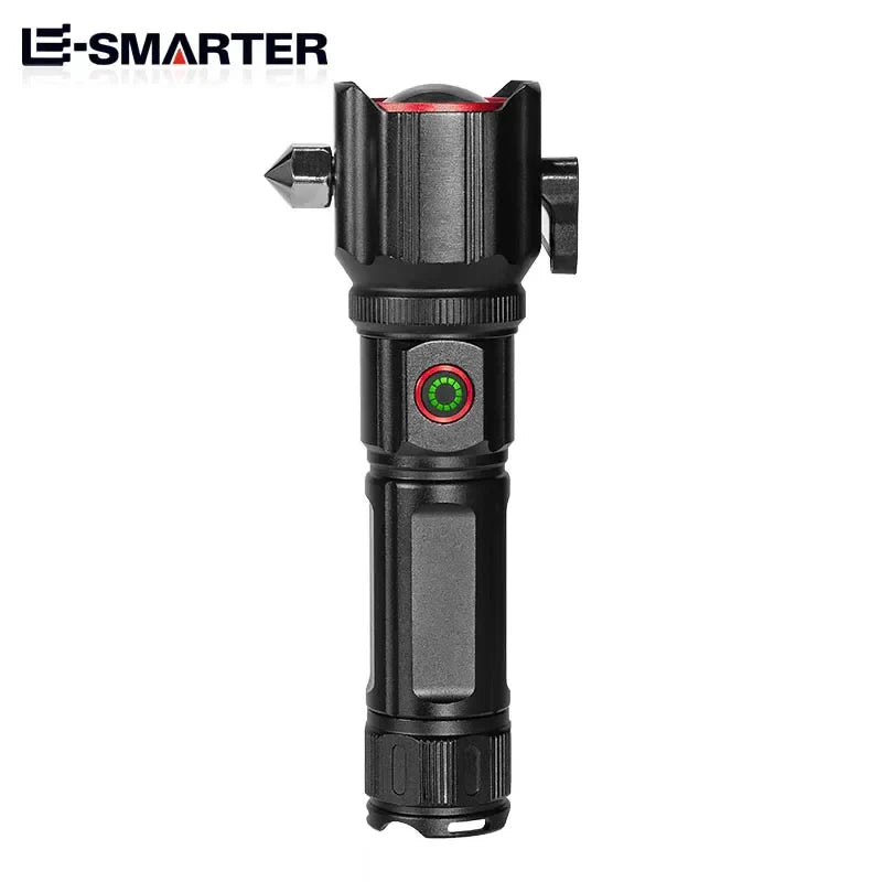 USB चार्जिङ COB सुरक्षा ह्यामर बहु-कार्यात्मक वाटरप्रूफ एल्युमिनियम मिश्र धातु सेतो लेजर टर्चको साथ उच्च शक्ति जुम एलईडी टर्चलाइट