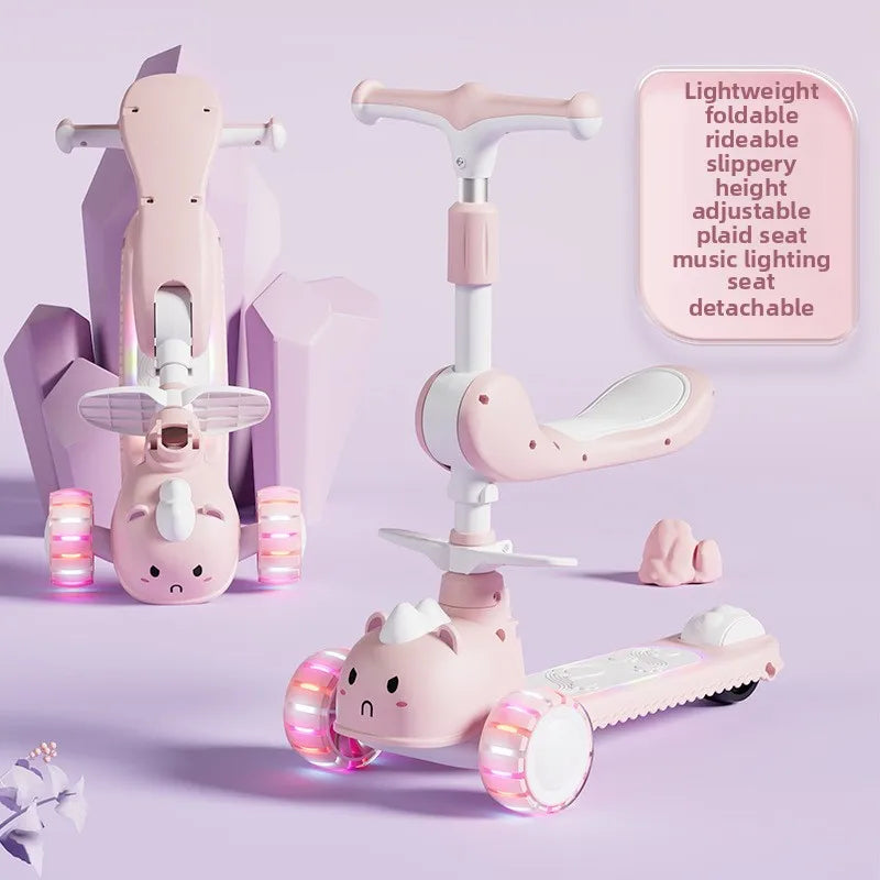 २-इन-१ बालबालिकाको स्कुटर बेबी किकबोर्ड ३ उचाइ समायोज्य ३-पाङ्ग्रे संगीत प्रकाश फोल्डेबल माइक्रो Kcik स्कुटर २-१० वर्ष उमेरका केटा केटीहरू
