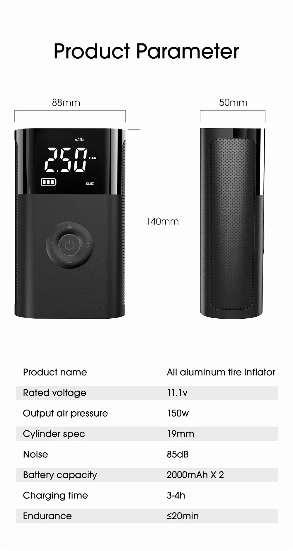 कार मोटरसाइकल साइकल टायर बल वायरलेस इलेक्ट्रिक कार एयर टायर पम्पको लागि एलईडी बत्ती सहितको CARSUN पोर्टेबल इन्फ्लेटर कम्प्रेसर पम्प