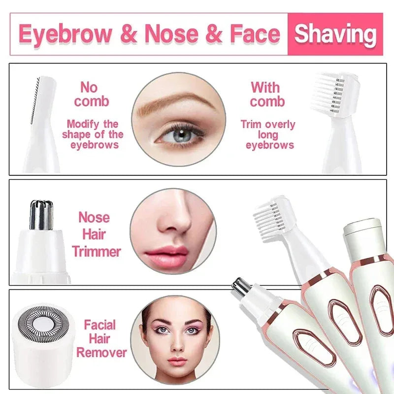 ४ इन १ इलेक्ट्रिक एपिलेटर बिकिनी आइब्रो नोज महिला महिला फेसियल हेयर रिमुभल ट्रिमर फेस बडी पीडारहित महिला शेभर डिपिलेटर