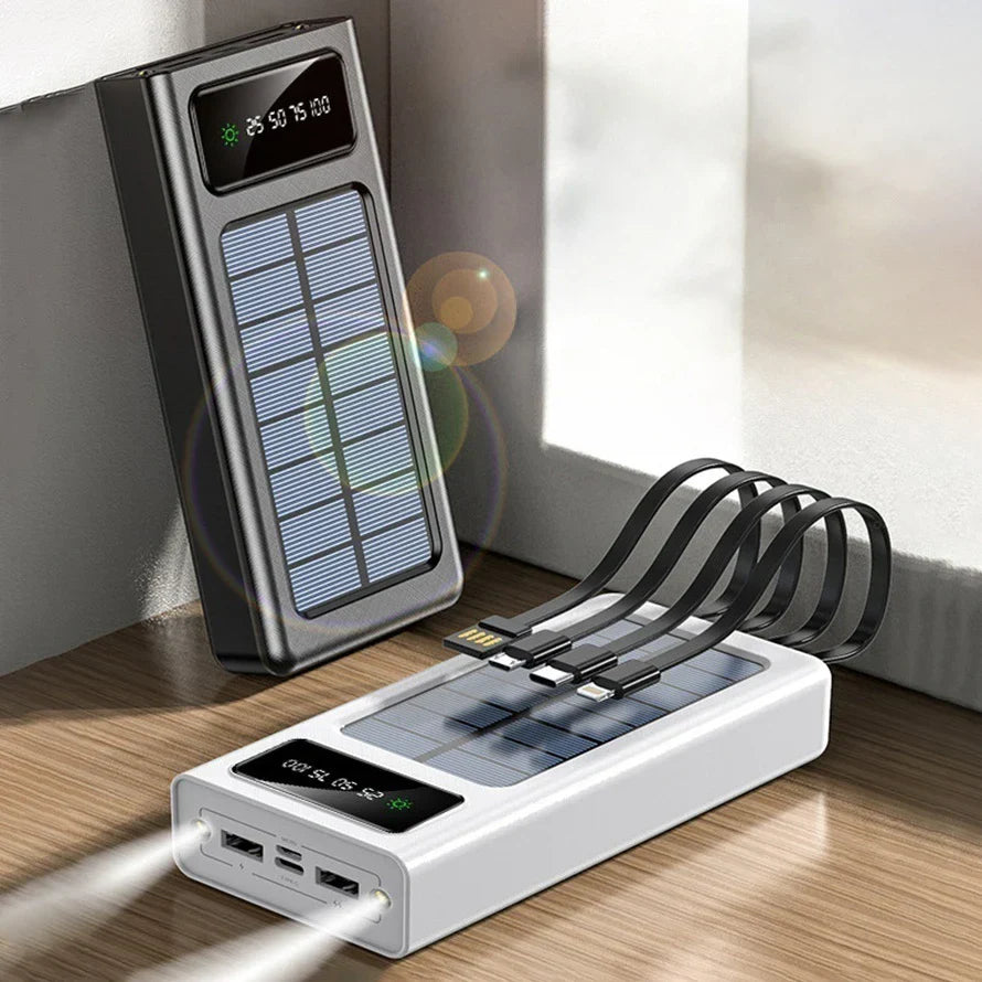 २००००/३०००mAh सोलार पावर बैंक एलईडी लाइट ठूलो क्षमताको फास्ट चार्जिङ ब्याट्री ४-केबलहरू भएको बाहिरी पावर बैंक
