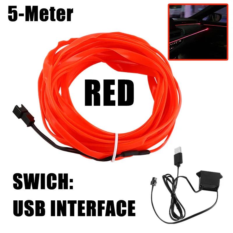 ५ मिटर कारको भित्री भागको एम्बियन्ट लाइट USB/चुरोट लाइटर लचिलो वायुमण्डल एलईडी लाइट स्ट्रिप युनिभर्सल सिंगल-कलर अटो नियोन ल्याम्प
