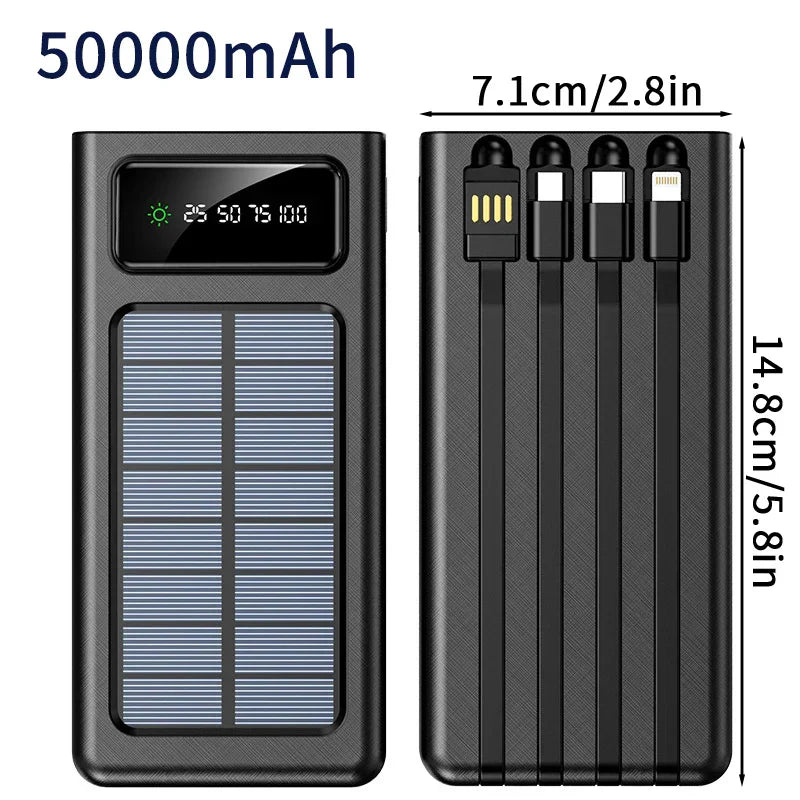 २००००/३०००mAh सोलार पावर बैंक एलईडी लाइट ठूलो क्षमताको फास्ट चार्जिङ ब्याट्री ४-केबलहरू भएको बाहिरी पावर बैंक