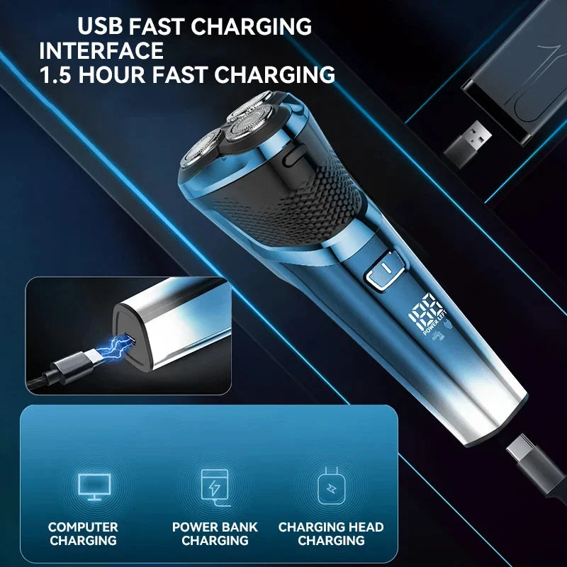 केमेई KM-8510 वाटरप्रूफ रोटरी एलईडी डिस्प्ले रिचार्जेबल कर्डलेस फ्लोटिंग हेड रिप्लेसेबल ब्लेड इलेक्ट्रिक शेभर्स फर म्यान