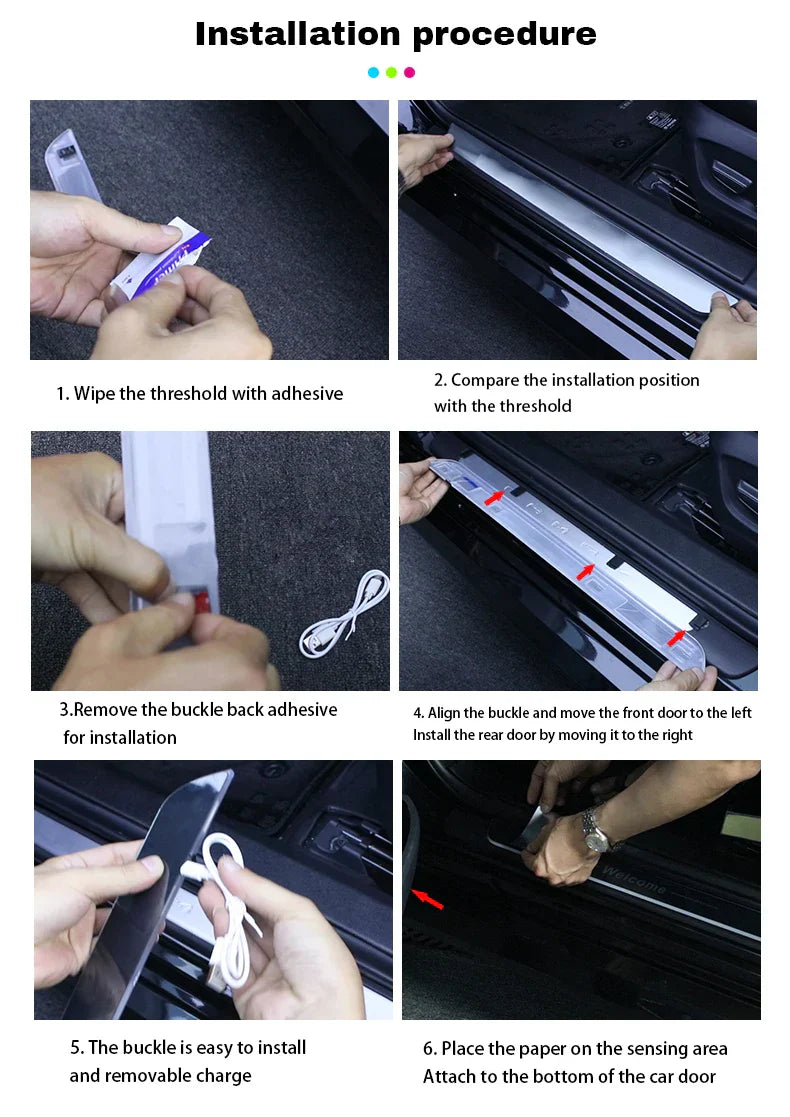 कार वेलकम डोर सिल लाइट थ्रेसहोल्ड ल्याम्प वेलकम प्लेट पेडल लाइट वायरलेस एलईडी लाइट समायोज्य रङ परिवर्तन मोडको साथ