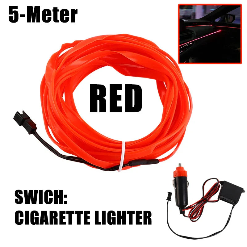 ५ मिटर कारको भित्री भागको एम्बियन्ट लाइट USB/चुरोट लाइटर लचिलो वायुमण्डल एलईडी लाइट स्ट्रिप युनिभर्सल सिंगल-कलर अटो नियोन ल्याम्प