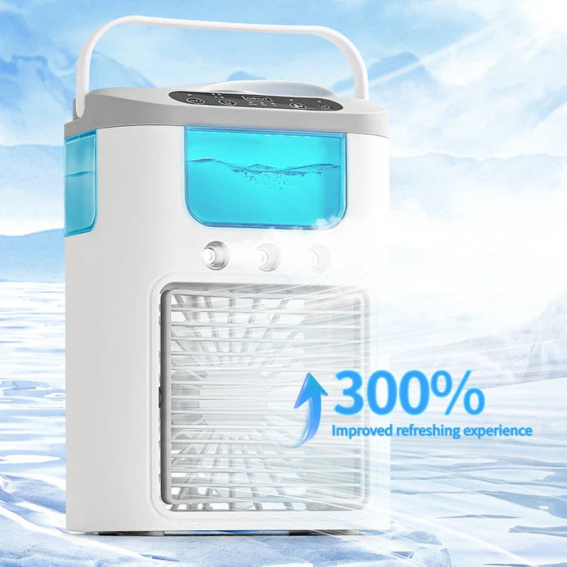 नयाँ मिनी पोर्टेबल थ्री स्प्रे घरेलु ह्युमिडिफायर फ्यान, USB स्प्रे फ्यान, एलईडी नाइट लाइट, एयर कूलर, डेस्कटप एयर कूलर