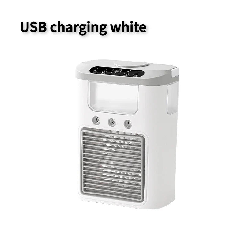 नयाँ मिनी पोर्टेबल थ्री स्प्रे घरेलु ह्युमिडिफायर फ्यान, USB स्प्रे फ्यान, एलईडी नाइट लाइट, एयर कूलर, डेस्कटप एयर कूलर