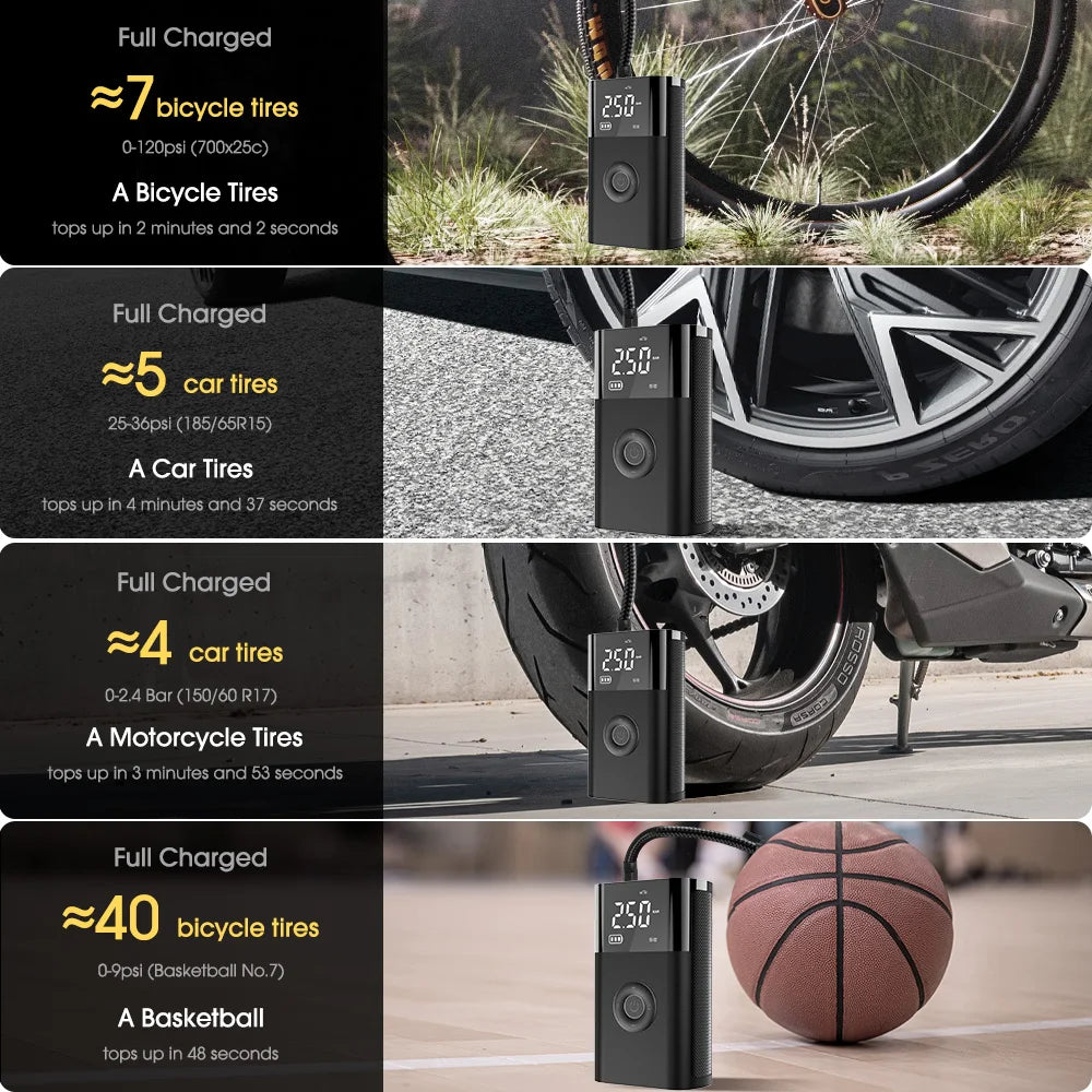 कार मोटरसाइकल साइकल टायर बल वायरलेस इलेक्ट्रिक कार एयर टायर पम्पको लागि एलईडी बत्ती सहितको CARSUN पोर्टेबल इन्फ्लेटर कम्प्रेसर पम्प