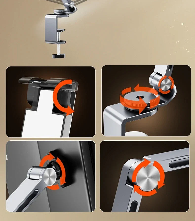 ट्याब्लेट होल्डर स्ट्यान्ड फोन क्लिप होल्डर एल्युमिनियम मिश्र धातु घुमाउन मिल्ने क्यान्टिलिभर होम लाइभ डेस्कटप होल्डर आईप्याड प्रो फोल्डिङ ब्र्याकेटको लागि