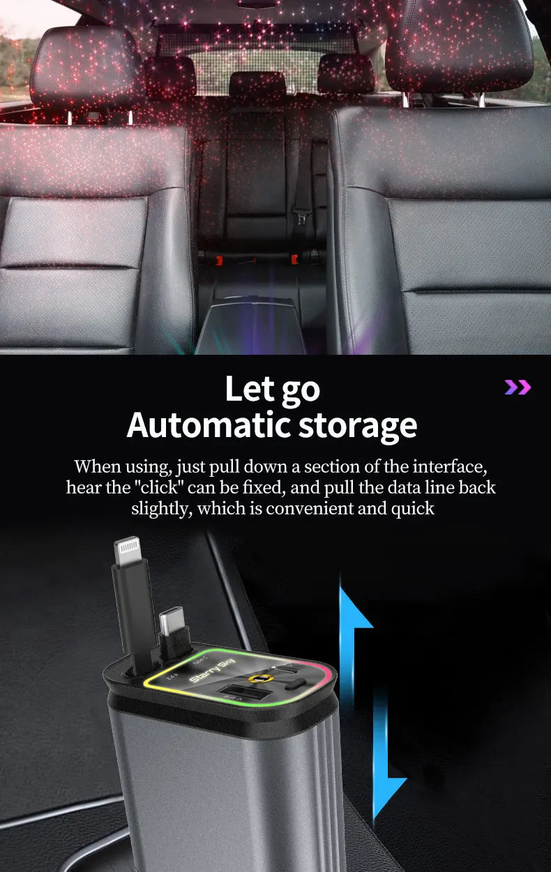 ४ इन १ कार चार्जर रिट्र्याक्टेबल केबल एटमोस्फियर ल्याम्प स्टार टप लाइट १२० वाट एडाप्टर कार फोन चार्जर USB टाइप-सी पोर्ट १२-२४V