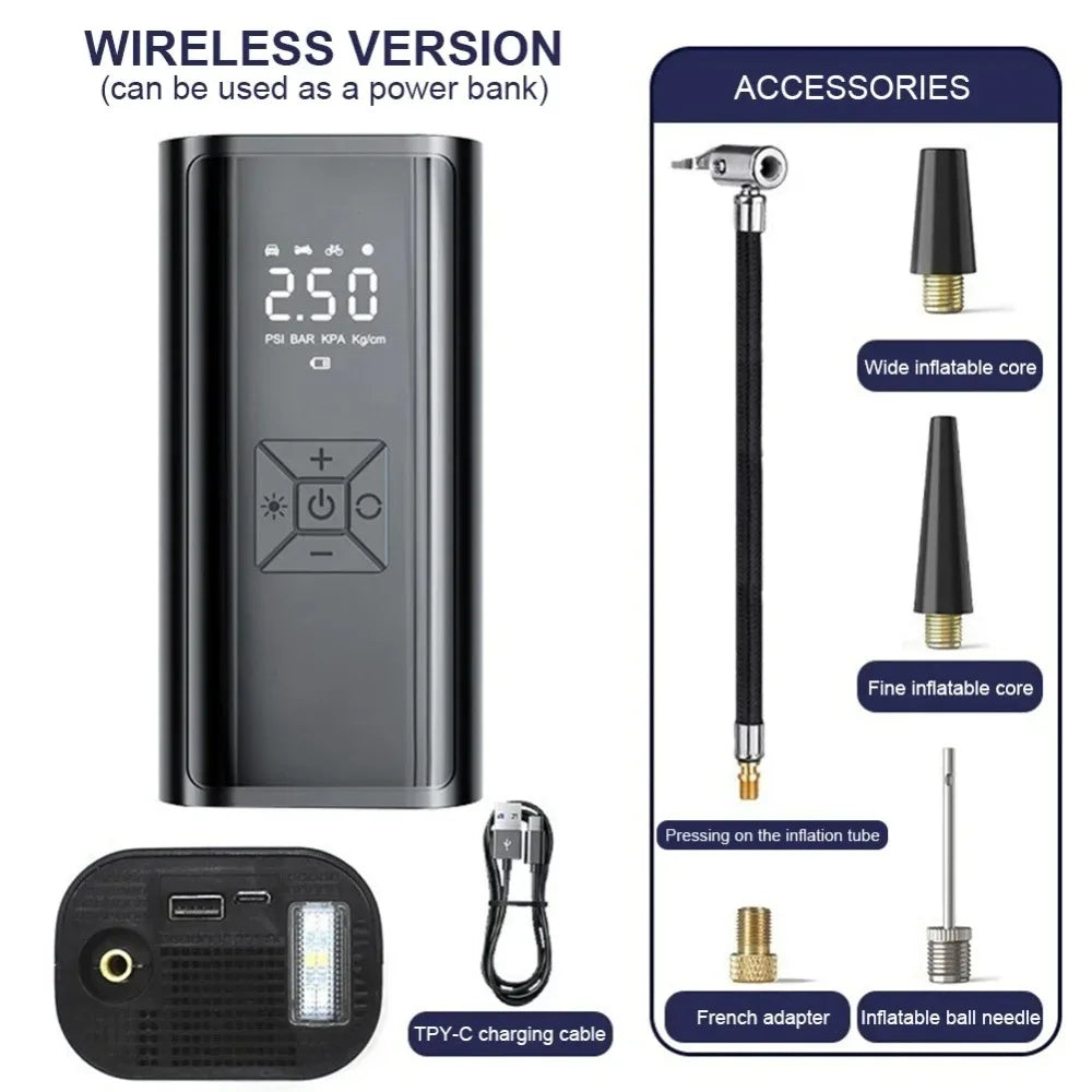 SUITU १२० वाटको ह्यान्डहेल्ड कार टायर इन्फ्लेटर। यो ब्याट्री बिनाको तारयुक्त इन्फ्लेटर वा ब्याट्री भएको वायरलेस इन्फ्लेटर हुन सक्छ।