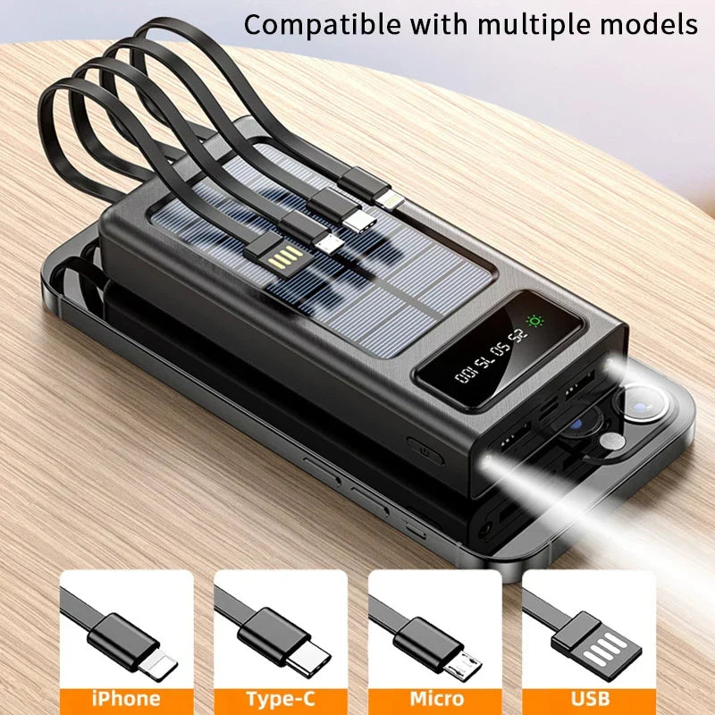 २००००/३०००mAh सोलार पावर बैंक एलईडी लाइट ठूलो क्षमताको फास्ट चार्जिङ ब्याट्री ४-केबलहरू भएको बाहिरी पावर बैंक