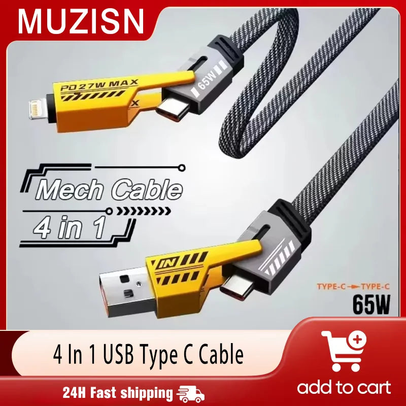 Huawei Redmi Samsung iPhone 16-12 11 ट्राभल वाल पोर्टेबल USBC डाटा कर्ड फोनको लागि ४ इन १ USB टाइप C केबल ६A फास्ट चार्जिङ