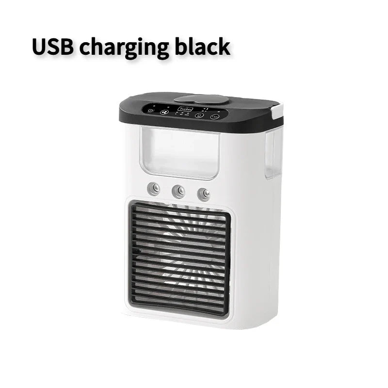 नयाँ मिनी पोर्टेबल थ्री स्प्रे घरेलु ह्युमिडिफायर फ्यान, USB स्प्रे फ्यान, एलईडी नाइट लाइट, एयर कूलर, डेस्कटप एयर कूलर