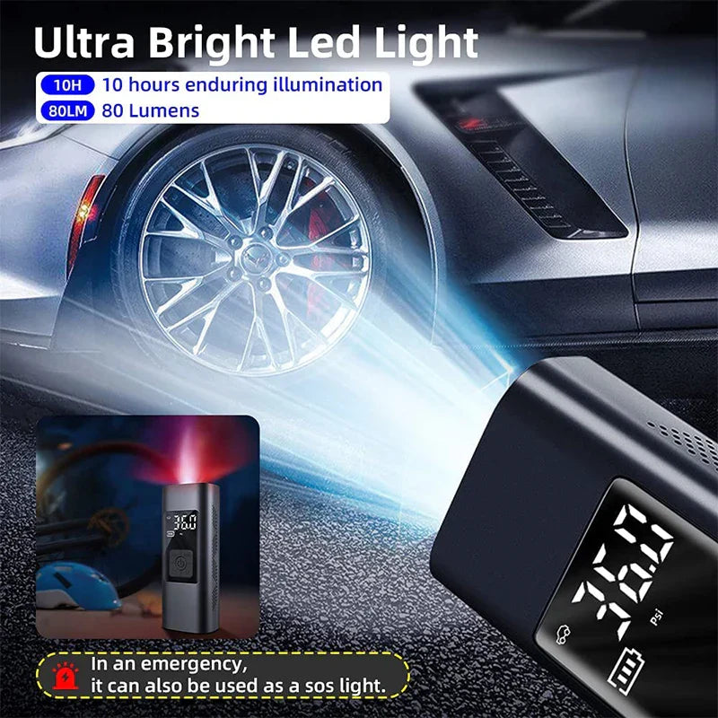 कार मोटरसाइकल साइकलको लागि एलईडी सहितको टायर इन्फ्लेटर पोर्टेबल इलेक्ट्रिक एयर कम्प्रेसर ६०००mAh रिचार्जेबल मिनी टायर पम्प