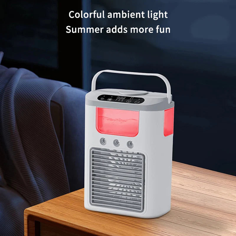नयाँ मिनी पोर्टेबल थ्री स्प्रे घरेलु ह्युमिडिफायर फ्यान, USB स्प्रे फ्यान, एलईडी नाइट लाइट, एयर कूलर, डेस्कटप एयर कूलर